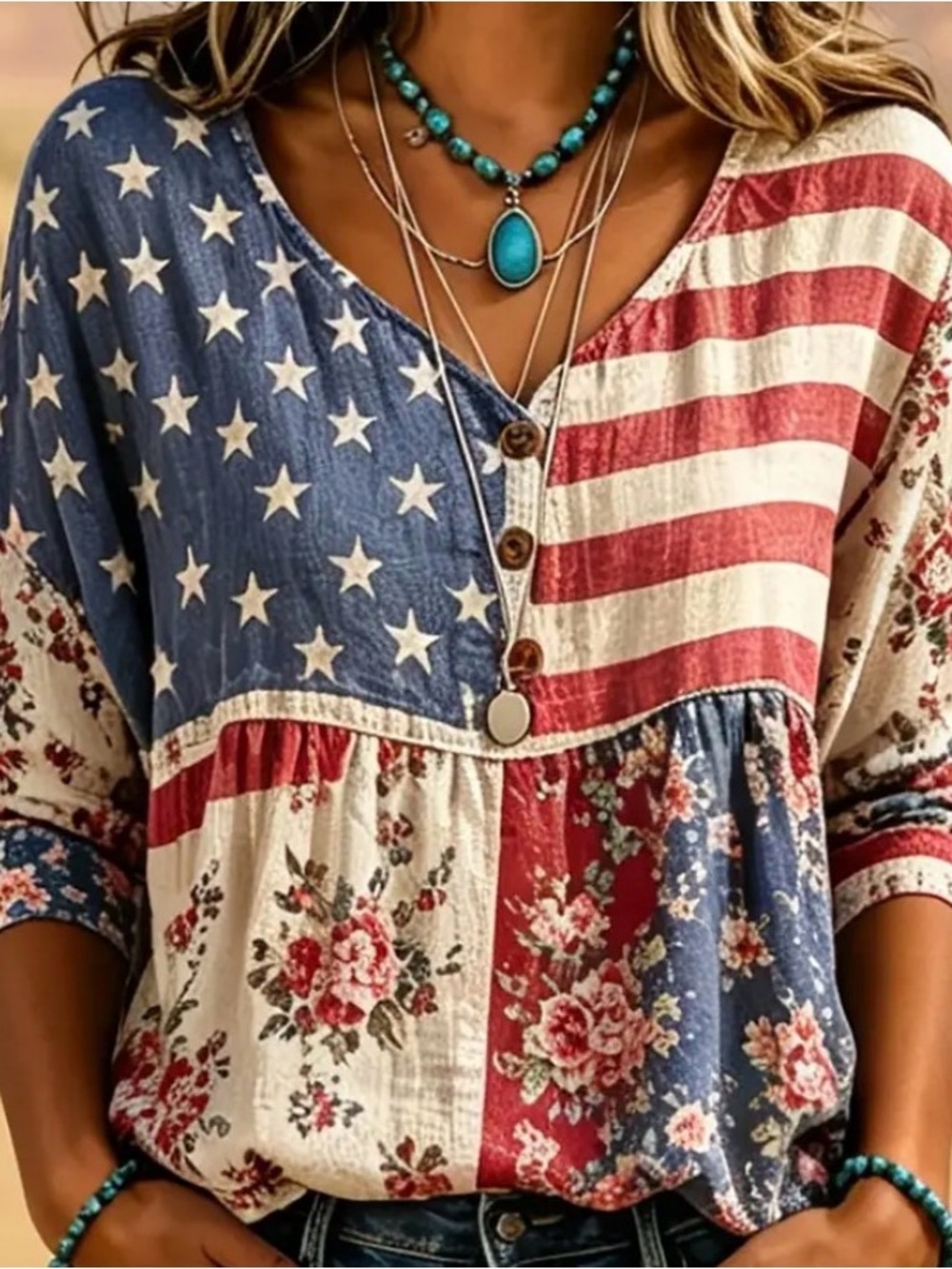 Patriotic Patchwork Floral V-Neck Blouse - Red, White & Blue